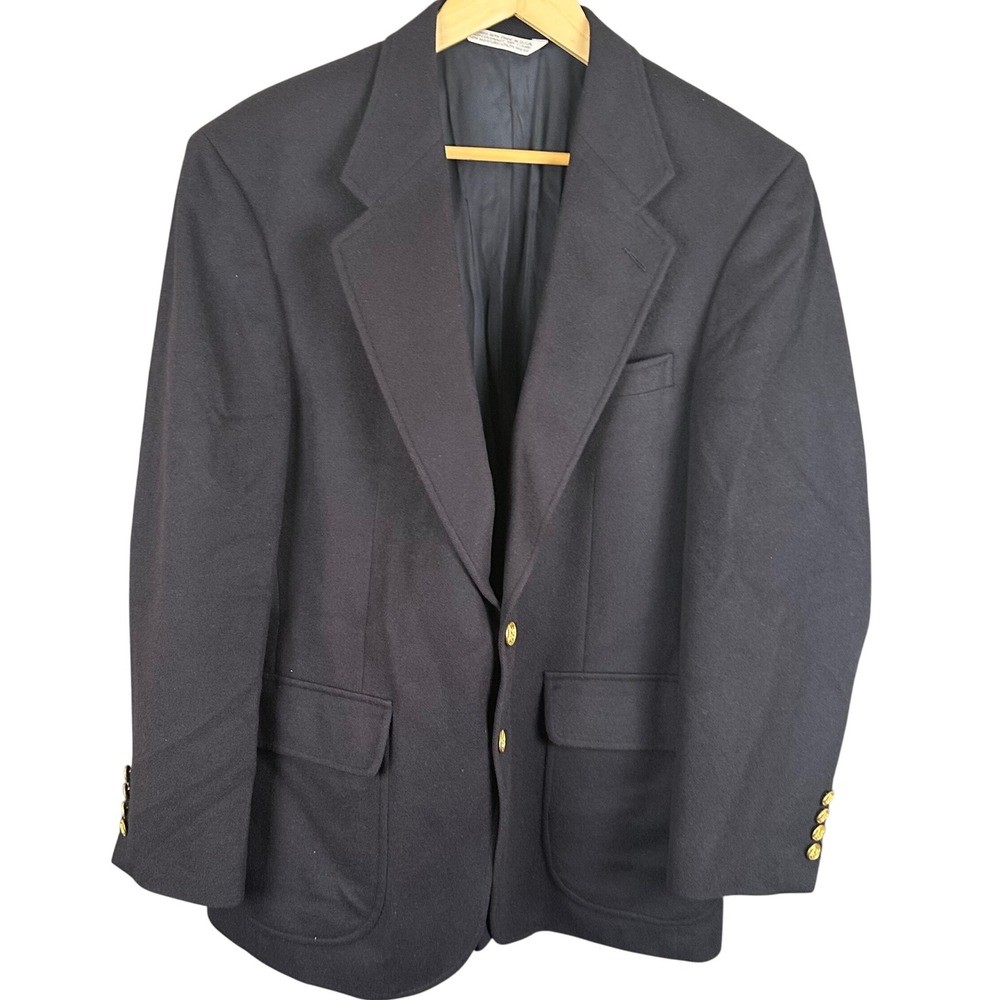 Lands End Mens 40R Navy Blue 100% Cashmere Blazer Gold Crest Button Sport Coat